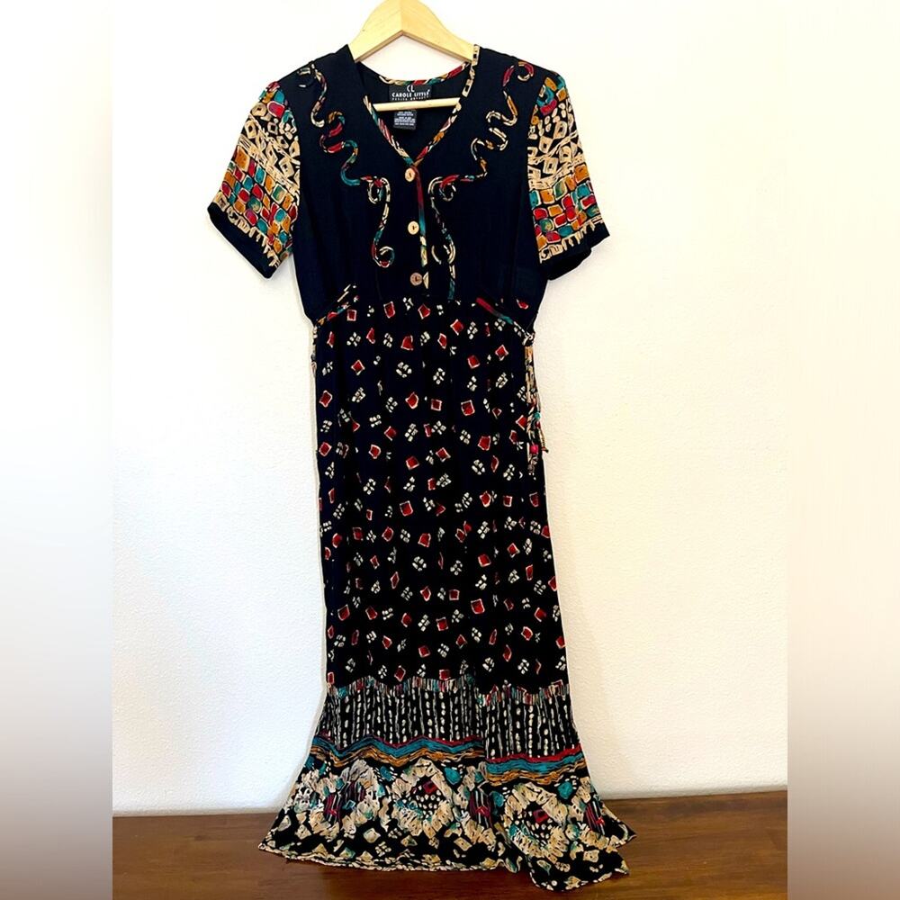 Vintage 90’s Carole Little Black Red Colorful Rayon Maxi Dress sz 4P